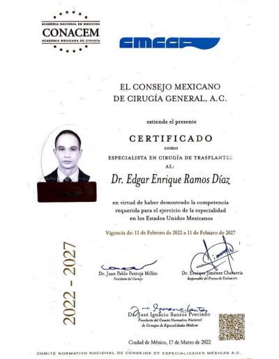Dr.EdR Certificado Especialista en cirugía de transplantes - Frente